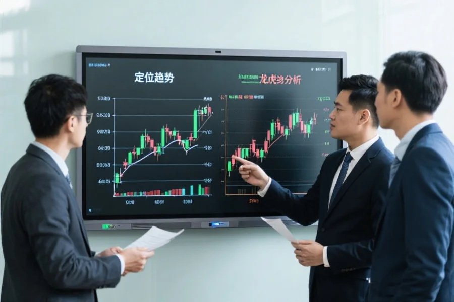 三位分析师正在讨论一块电子白板，上面用图表展示了定位走势与龙虎走势图的对比分析
